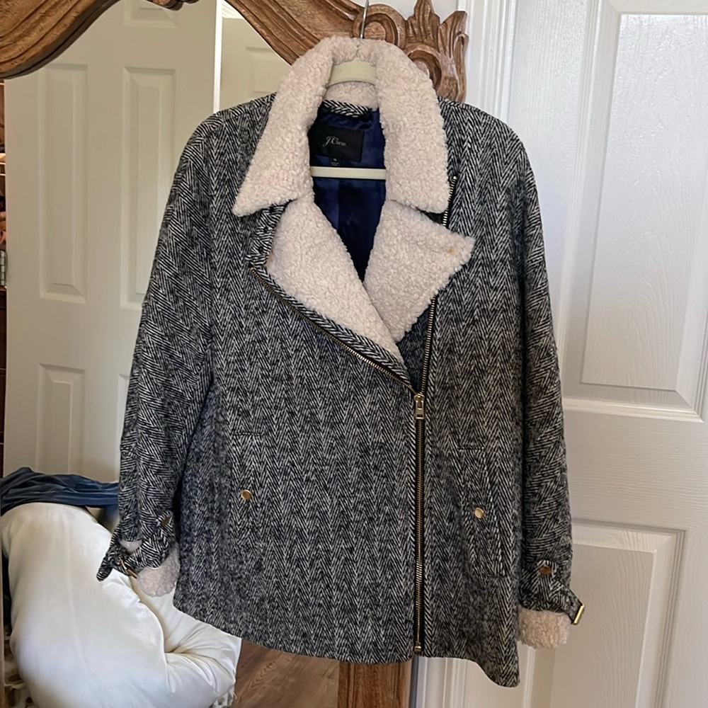 J.Crew Womens Oversized Herringbone Motorcycle Jacket Sherpa size M